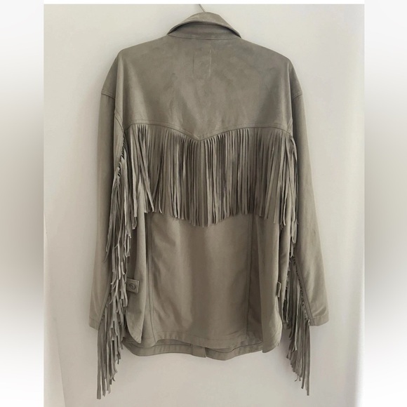 Free People We The Free Fringe Out Vegan Suede Smoked Green Jacket Size Large - Picture 10 of 13